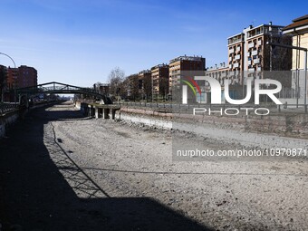 A general view shows the dryness and drought of the Navigli in Milan, Italy, on February 6, 2024. (