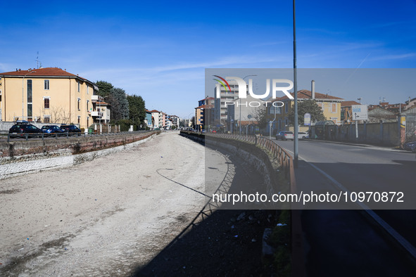 A general view shows the dryness and drought of the Navigli in Milan, Italy, on February 6, 2024. 