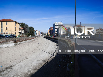 A general view shows the dryness and drought of the Navigli in Milan, Italy, on February 6, 2024. (