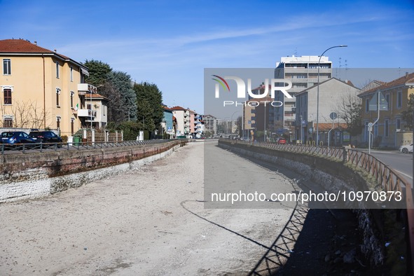 A general view shows the dryness and drought of the Navigli in Milan, Italy, on February 6, 2024. 