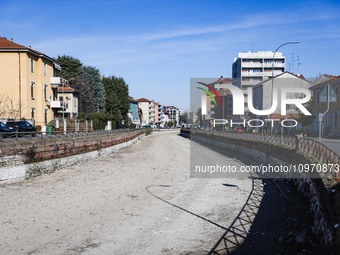 A general view shows the dryness and drought of the Navigli in Milan, Italy, on February 6, 2024. (