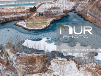 Ice trees and flowers are forming a patterned landscape on a frozen lake in the West Coast New Area of Qingdao, Shandong Province, China, on...