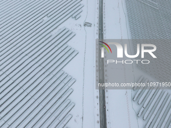 A new energy photovoltaic base is seen covered in snow in Suqian, Jiangsu Province, China, on February 5, 2024. (