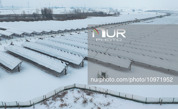 A new energy photovoltaic base is seen covered in snow in Suqian, Jiangsu Province, China, on February 5, 2024. 