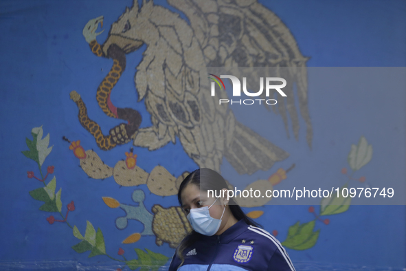 A mother is waiting in front of a shield of the Mexican flag for her son, who is currently receiving pediatric dental care at the Carlos A....