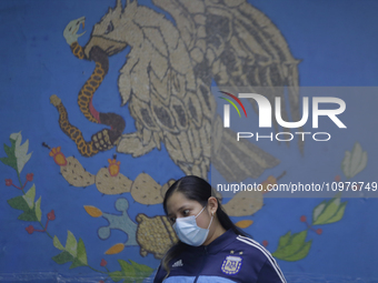 A mother is waiting in front of a shield of the Mexican flag for her son, who is currently receiving pediatric dental care at the Carlos A....