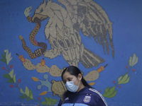 A mother is waiting in front of a shield of the Mexican flag for her son, who is currently receiving pediatric dental care at the Carlos A....