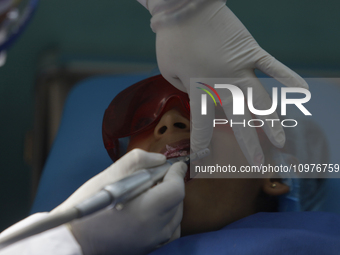 A child is receiving pediatric dental care as part of Dentist Day in Mexico at the Carlos A. Carrilo Elementary School in the Portales neigh...