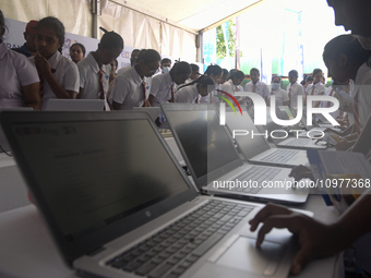 Sri Lankan school students are attending Sri Lanka's largest education exhibition in Colombo, Sri Lanka, on February 9, 2024. (