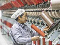 A textile worker is working at a production line of a chemical fiber company in Taizhou, China, on February 10, 2024. (