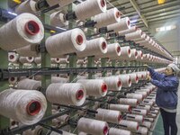 A textile worker is working at a production line of a chemical fiber company in Taizhou, China, on February 10, 2024. (