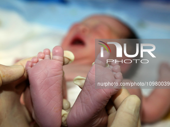 A medical worker is caring for a newborn ''dragon baby'' in the maternity department of Zaozhuang Maternal and Child Health Hospital in Shan...