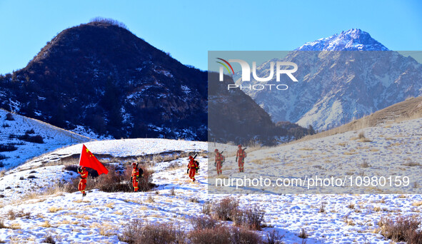 Firefighters are patrolling the forest grassland protection in Zhangye, China, on February 10, 2024. 