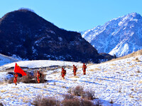 Firefighters are patrolling the forest grassland protection in Zhangye, China, on February 10, 2024. (