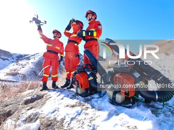 Firefighters are using drones to observe forest grassland protection in Zhangye, China, on February 10, 2024. (