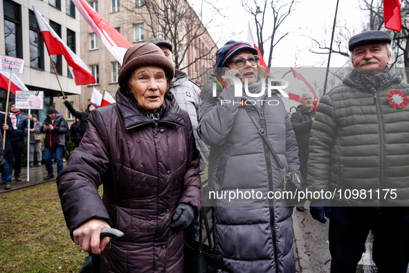 A 101 year old Wanda stand with her family during demonstration, led by far right media - Gazeta Polska and TV Republica and Law and Justice...