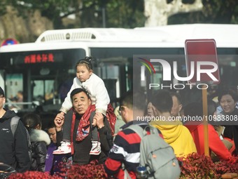 A child is riding on his parents' shoulders to visit the broken West Lake Bridge in Hangzhou, Zhejiang Province, China, on February 11, 2024...