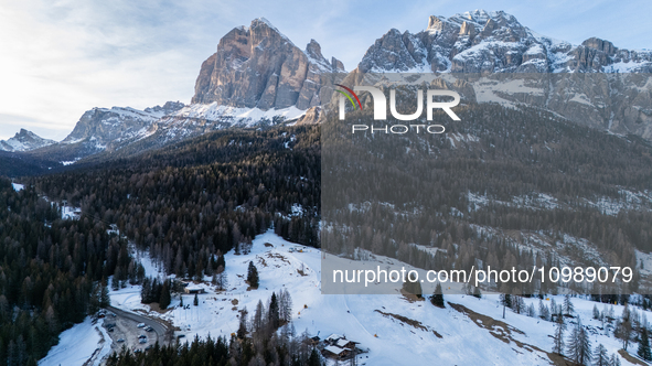 Aerial view of people skiing near Cortina d'Ampezzo, Italy, on February 4, 2024. A mild winter across Europe has resulted in several ski slo...