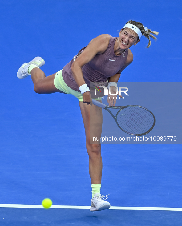 Victoria Azarenka from Belarus is playing in her first-round match against Magdalena Frech of Poland at the WTA 1000-Qatar TotalEnergies Ope...