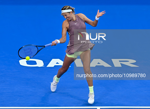 Victoria Azarenka from Belarus is playing in her first-round match against Magdalena Frech of Poland at the WTA 1000-Qatar TotalEnergies Ope...