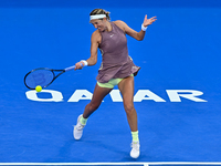 Victoria Azarenka from Belarus is playing in her first-round match against Magdalena Frech of Poland at the WTA 1000-Qatar TotalEnergies Ope...