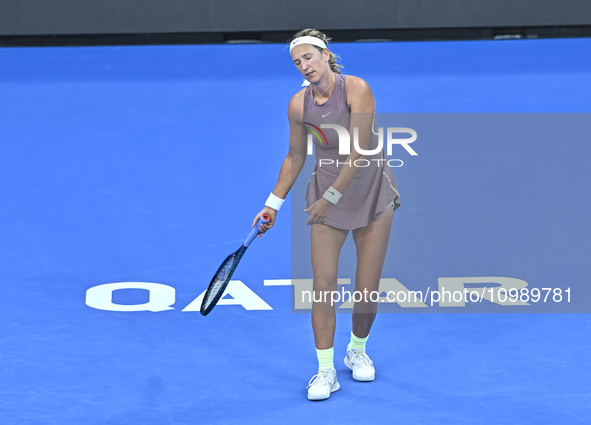 Victoria Azarenka from Belarus is reacting during her first-round match against Magdalena Frech of Poland at the WTA 1000-Qatar TotalEnergie...