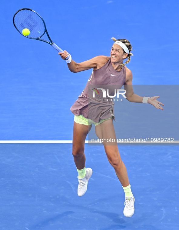 Victoria Azarenka from Belarus is playing in her first-round match against Magdalena Frech of Poland at the WTA 1000-Qatar TotalEnergies Ope...