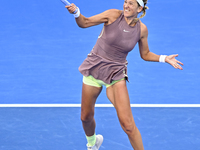 Victoria Azarenka from Belarus is playing in her first-round match against Magdalena Frech of Poland at the WTA 1000-Qatar TotalEnergies Ope...