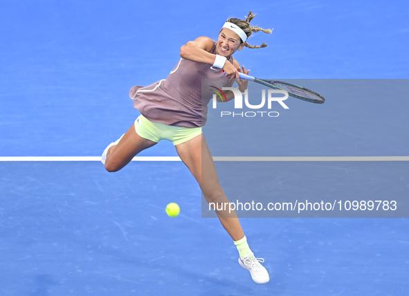 Victoria Azarenka from Belarus is playing in her first-round match against Magdalena Frech of Poland at the WTA 1000-Qatar TotalEnergies Ope...