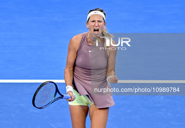 Victoria Azarenka from Belarus is reacting during her first-round match against Magdalena Frech of Poland at the WTA 1000-Qatar TotalEnergie...