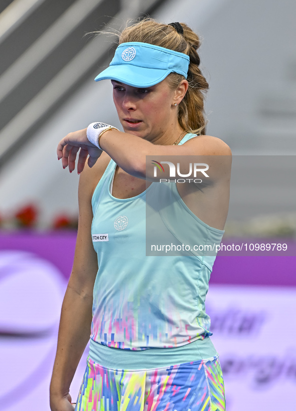 Magdalena Frech of Poland is reacting during her first-round match against Victoria Azarenka of Belarus at the WTA 1000-Qatar TotalEnergies...