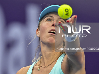 Magdalena Frech of Poland is in action during her first-round match against Victoria Azarenka of Belarus at the WTA 1000-Qatar TotalEnergies...