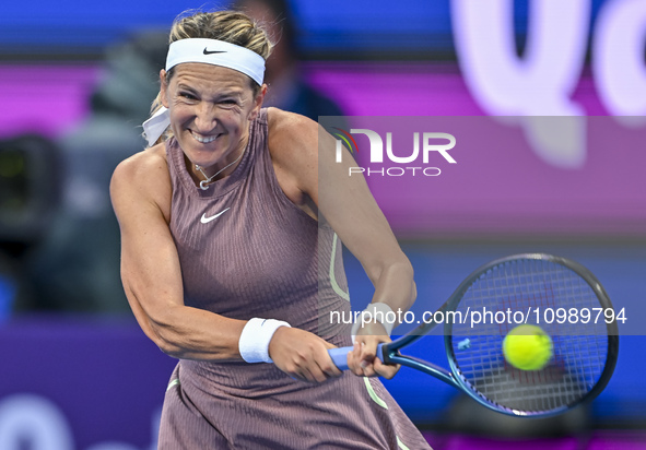 Victoria Azarenka from Belarus is playing in her first-round match against Magdalena Frech of Poland at the WTA 1000-Qatar TotalEnergies Ope...