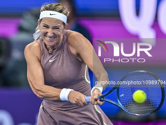 Victoria Azarenka from Belarus is playing in her first-round match against Magdalena Frech of Poland at the WTA 1000-Qatar TotalEnergies Ope...