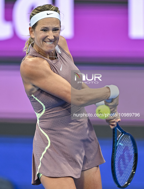 Victoria Azarenka from Belarus is playing in her first-round match against Magdalena Frech of Poland at the WTA 1000-Qatar TotalEnergies Ope...