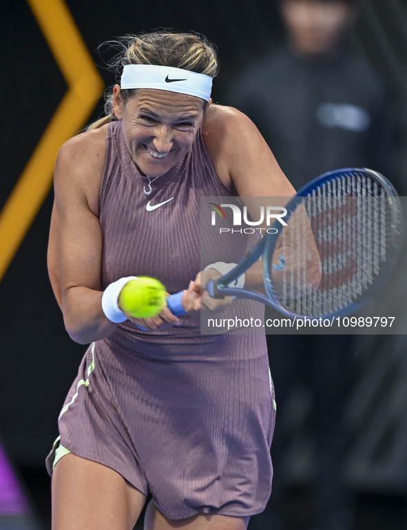 Victoria Azarenka from Belarus is playing in her first-round match against Magdalena Frech of Poland at the WTA 1000-Qatar TotalEnergies Ope...