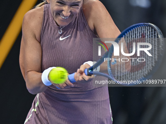 Victoria Azarenka from Belarus is playing in her first-round match against Magdalena Frech of Poland at the WTA 1000-Qatar TotalEnergies Ope...