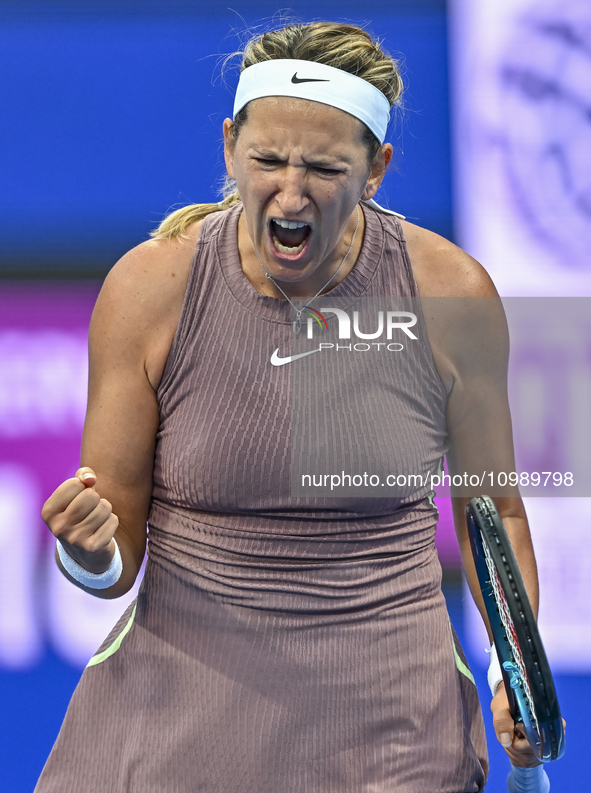 Victoria Azarenka from Belarus is reacting during her first-round match against Magdalena Frech of Poland at the WTA 1000-Qatar TotalEnergie...