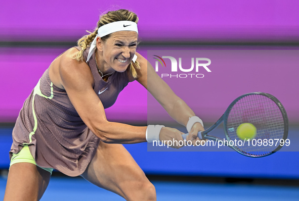 Victoria Azarenka from Belarus is playing in her first-round match against Magdalena Frech of Poland at the WTA 1000-Qatar TotalEnergies Ope...