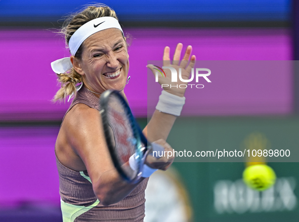 Victoria Azarenka from Belarus is playing in her first-round match against Magdalena Frech of Poland at the WTA 1000-Qatar TotalEnergies Ope...