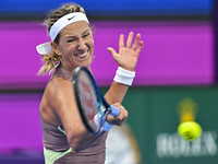 Victoria Azarenka from Belarus is playing in her first-round match against Magdalena Frech of Poland at the WTA 1000-Qatar TotalEnergies Ope...