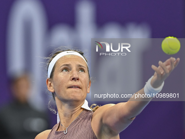 Victoria Azarenka from Belarus is playing in her first-round match against Magdalena Frech of Poland at the WTA 1000-Qatar TotalEnergies Ope...