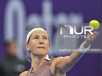 Victoria Azarenka from Belarus is playing in her first-round match against Magdalena Frech of Poland at the WTA 1000-Qatar TotalEnergies Ope...