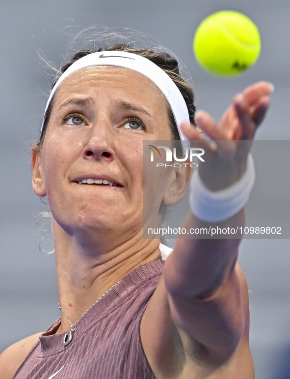 Victoria Azarenka from Belarus is playing in her first-round match against Magdalena Frech of Poland at the WTA 1000-Qatar TotalEnergies Ope...