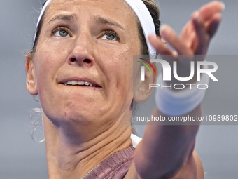 Victoria Azarenka from Belarus is playing in her first-round match against Magdalena Frech of Poland at the WTA 1000-Qatar TotalEnergies Ope...