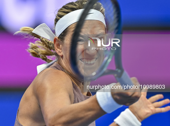 Victoria Azarenka from Belarus is playing in her first-round match against Magdalena Frech of Poland at the WTA 1000-Qatar TotalEnergies Ope...