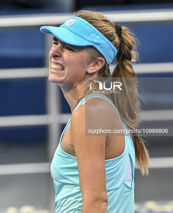 Magdalena Frech of Poland is reacting during her first-round match against Victoria Azarenka of Belarus at the WTA 1000-Qatar TotalEnergies...