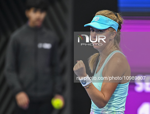 Victoria Azarenka of Belarus is reacting during her first-round match against Magdalena Frech of Poland at the WTA 1000-Qatar TotalEnergies...