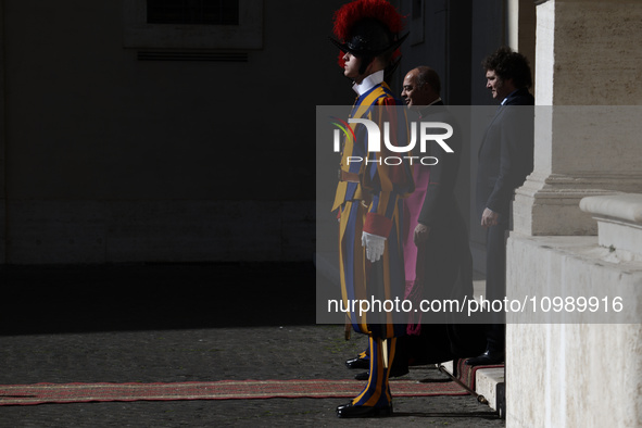 Argentinian President Javier Milei is arriving at the San Damaso courtyard in The Vatican to meet with Pope Francis on February 12, 2024. 