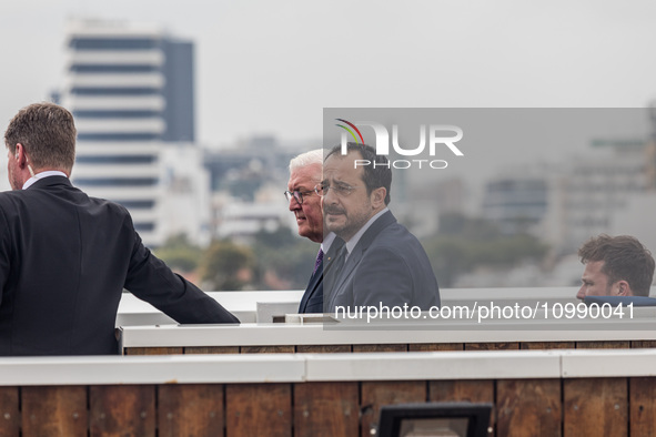 Frank-Walter Steinmeier and Nikos Christodoulides are arriving on the roof of the Town Hall in Nicosia, Cyprus, on February 12, 2024. The Pr...